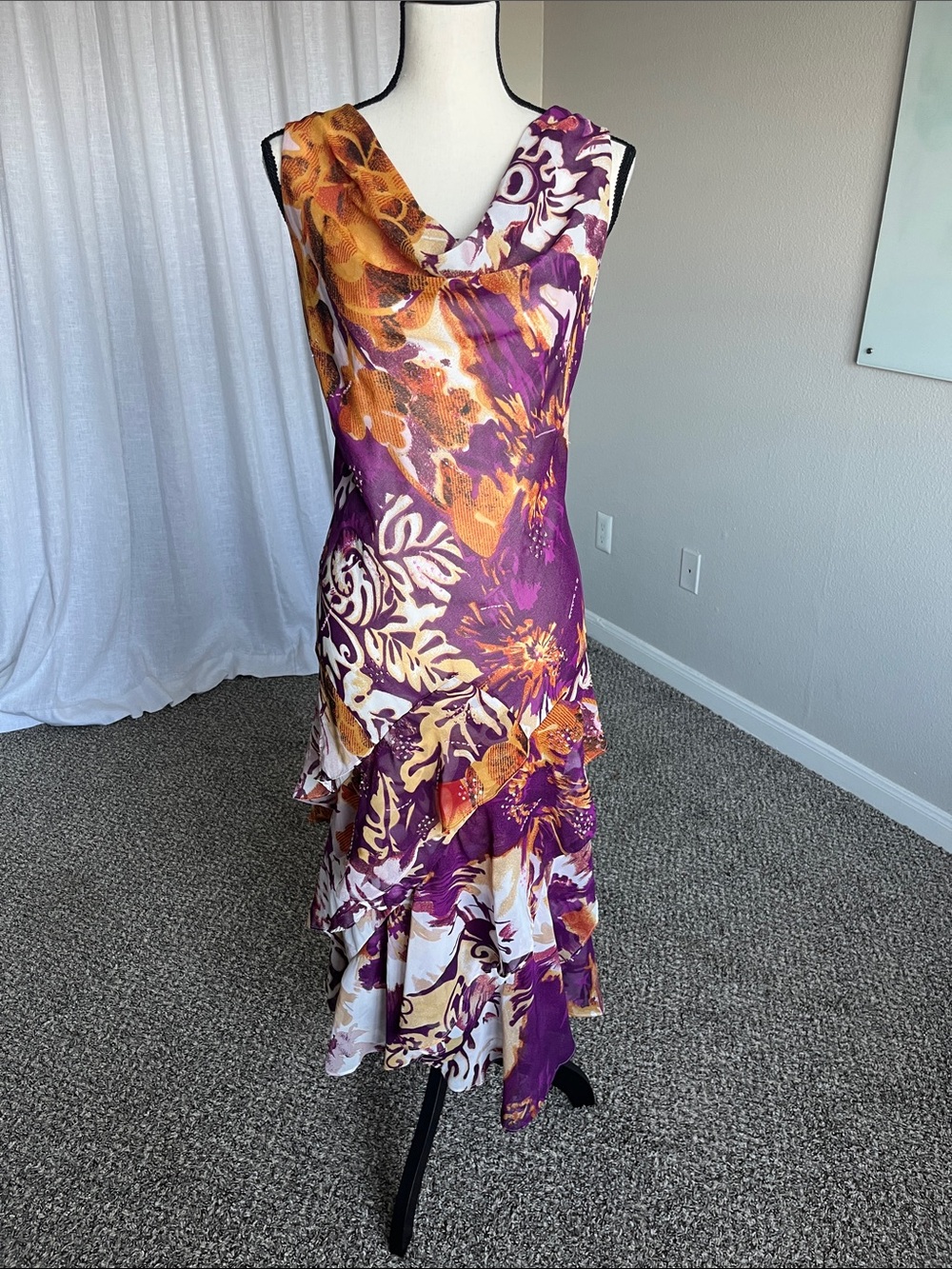 VTG Tiered Floral Beaded Sleeveless Cowl Neck Midi Dress Robbie Bee Size 10